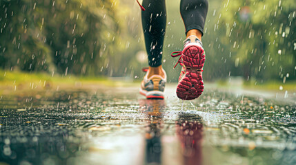 Dynamic close-up of a runner's shoes splashing on a wet path, capturing the essence of jogging in the rain. - obrazy, fototapety, plakaty