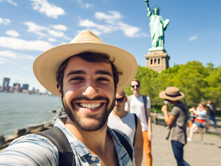 Happy tourists taking selfies at famous tourist attractions