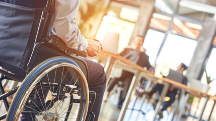 Obraz premium Man in a wheelchair participates in a modern office setting, symbolizing inclusivity and diversity in the workplace.