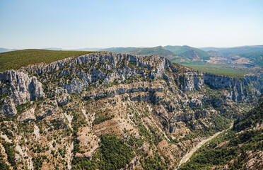 The Verdon canyon and Sainte Croix du Verdon in the Verdon Natural Regional Park, France. Panoramic view at sunny day.

