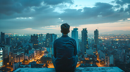 Man in a crisp shirt gazes over a sprawling cityscape at dusk, contemplating the urban expanse before him.