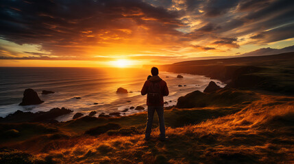 Young man watching a beautiful sunset on the coast