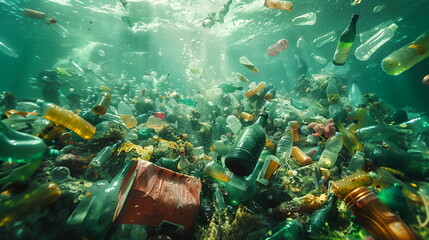 An underwater view of various plastic waste littering the ocean floor, depicting pollution