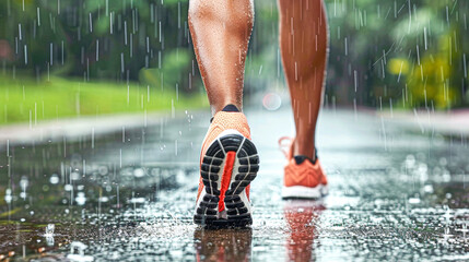 Dynamic close-up of a runner's shoes splashing on a wet path, capturing the essence of jogging in the rain.