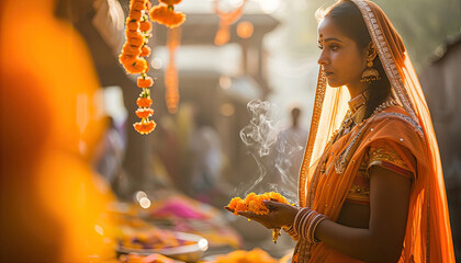 Indian Bride Offering Prayers in Traditional Wedding Attire - Powered by Adobe