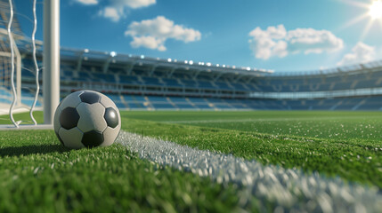 a soccer ball near the goalpost on a perfectly maintained grass field, the vast empty stadium in the background, Generative AI