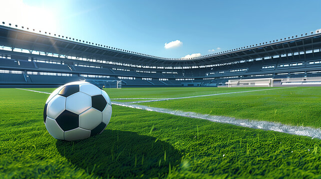 a soccer ball near the goalpost on a perfectly maintained grass field, the vast empty stadium in the background, Generative AI