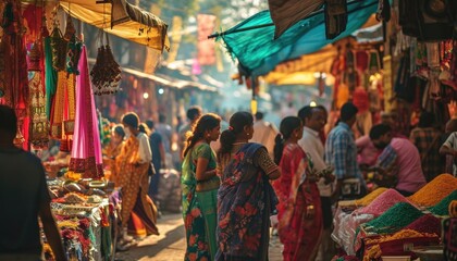 Bustling Indian Marketplace with Colorful Textiles - obrazy, fototapety, plakaty