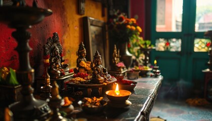 Fototapeta na wymiar Tranquil Hindu Altar with Lit Diyas and Religious Icons