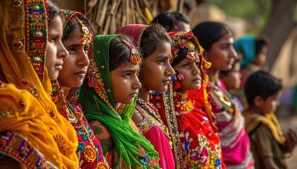Fototapeta premium Young girls in traditional indian costumes holding flowers.