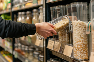 A person's hand is shown selecting a glass bottle filled with white rice from a modern bulk dispenser in a grocery store. This zero-waste shopping option highlights sustainable practices.