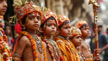 Obraz premium Child dressed as Hindu god in procession.