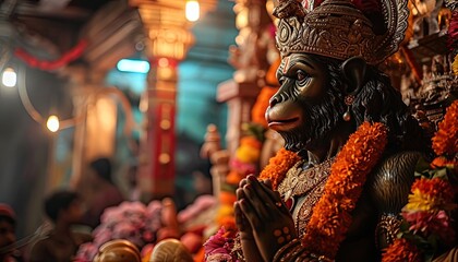 Decorated Hanuman statue in festival setting.
