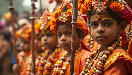 Obraz premium Child dressed as Hindu god in procession.