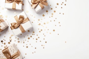Obraz na płótnie Canvas White gift boxes adorned with golden ribbons and scattered golden stars on a clean, white background, perfect for festive occasions. 