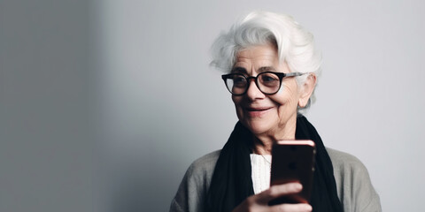 A middle-aged business woman with gray hair is looking at the phone and smiling