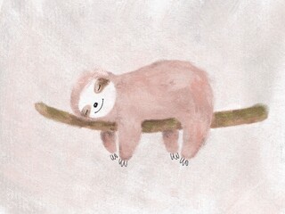 Cute pink sloth pastel drawing. Baby animal illustration. Sleeping pink sloth bear  - 742912922