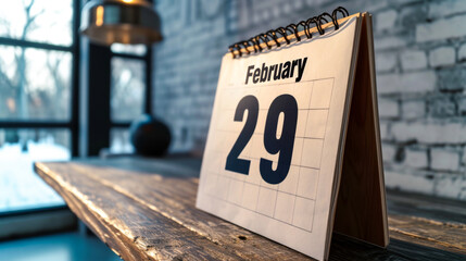 Desk calendar on February 29th with a wintry window backdrop - obrazy, fototapety, plakaty