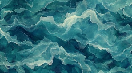 An immersive, seamless pattern capturing the essence of the ocean's depths, with layered blues and greens creating a sense of movement and texture, reminiscent of watercolor on rough paper. 8k