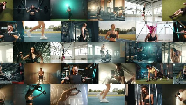 An animated collage of sports frames that continuously change and move. Athletes engage in various exercises and in gyms. A video for advertising your sports brand.