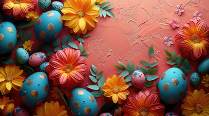 Obraz na płótnie Canvas Easter composition with eggs and flowers. Easter greeting card, generative ai