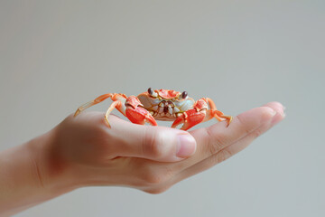 Hand holding red crab isolated on gray, food and conservation concept