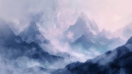 Capture the tranquil splendor of misted mountains with a digital watercolor technique. 