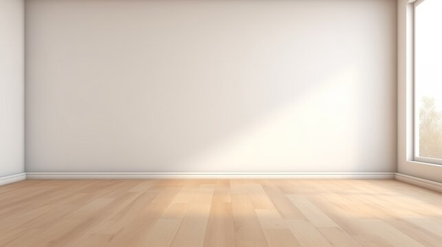 front view of empty room with white wall and wooden floor