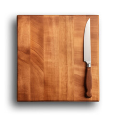 Wooden cutting board with knife isolated on transparent or white background, png