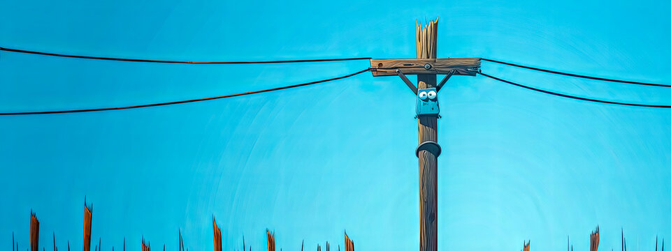 Cartoon Owl on a Power Pole with Clear Blue Sky