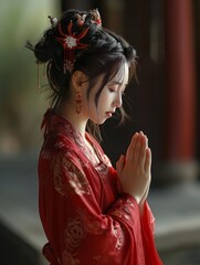 Chinese girl with ancient costume and curled hair, hands clasped together, devout in prayer, wearing a red Hanfu