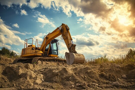Excavadora en terreno con cielo nublado