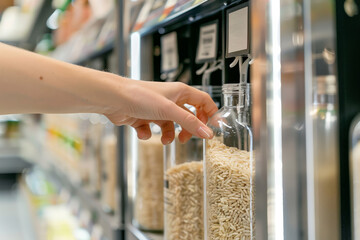 A person's hand is shown selecting a glass bottle filled with white rice from a modern bulk dispenser in a grocery store. This zero-waste shopping option highlights sustainable practices.