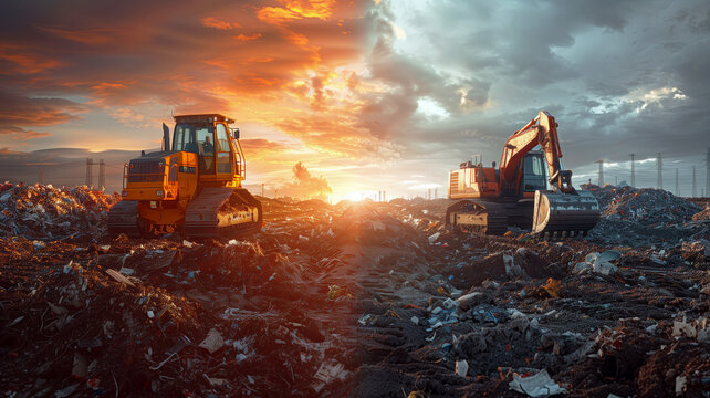 Excavators and Bulldozers Operating in Landfill. Heavy machinery, including excavators and bulldozers, work dynamically in a landfill site during sunset, highlighting the environmental challenges.
