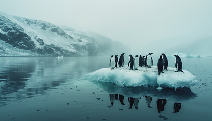 Flock of lovely penguins floating on small iceberg in cold Antarctic sea waters with picturesque moody landscape background. Beauty in Nature, Eco concept image. - obrazy, fototapety, plakaty