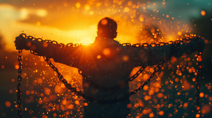 Obraz premium Defocused silhouette of a man breaking free from the chains concept with sunrise in the background