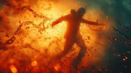 Breaking free and freedom concept with man escaping from chains