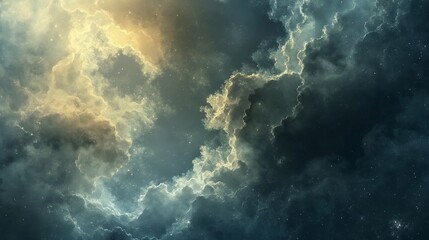 Soft, misty clouds of gold and silver float through a cosmic backdrop - obrazy, fototapety, plakaty