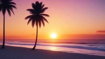 Fantastic view of sea water waves with orange sunlight at sunrise or sunset. Tropical beach landscape, exotic coast. Tropical beach with palm trees at sunset