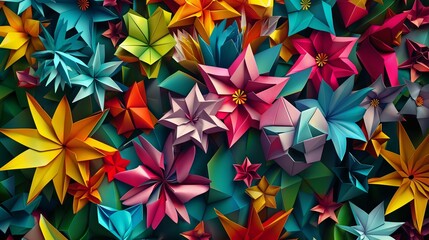A colorful, geometric pattern inspired by the art of origami, featuring digital paper textures folded into shapes of flowers and animals, arranged in a lush, patterned garden scene. 8k
