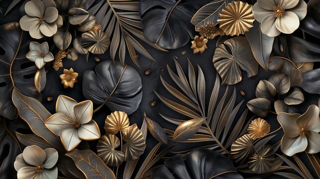A luxurious pattern of tropical leaves and flowers on a background that mimics black velvet.