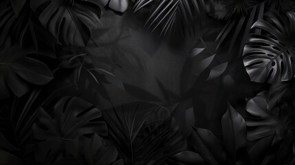A background of pure black with the silhouettes of tropical leaves abstractly arranged.