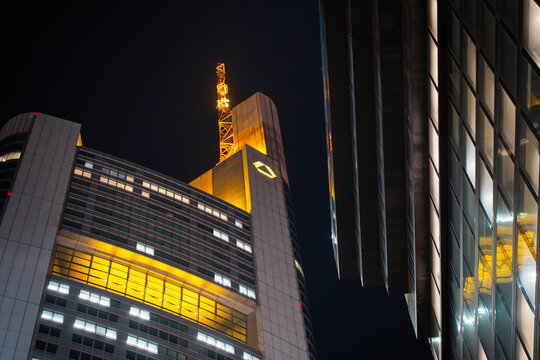 Low angle view of the commerzbank tower at night in frankfurt am main, germany