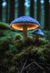 Beautiful glowing neon mushroom on moss, forest blurred background