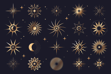 Set of sun, moon and star icons. Vector sky elements with starburst and radial explosion, flash and shiny spark, firework and burst. Sign or insignia collection. Magic abstract effect. Light of night - obrazy, fototapety, plakaty