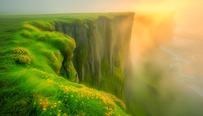 Fantastic typical Irish landscape of green hills and seaside cliffs, St. Patrick's Day celebration,...
