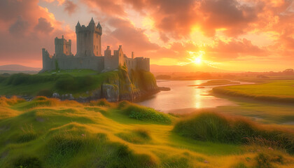 Fantastic typical Irish landscape of castles and green hills and seaside cliffs, St. Patrick's Day...