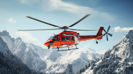 A rescue helicopter flies over snowy mountains.