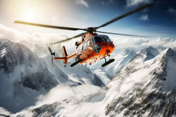 A rescue helicopter flies over snowy mountains. - obrazy, fototapety, plakaty