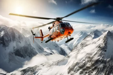 Fotobehang A rescue helicopter flies over snowy mountains. © Wararat